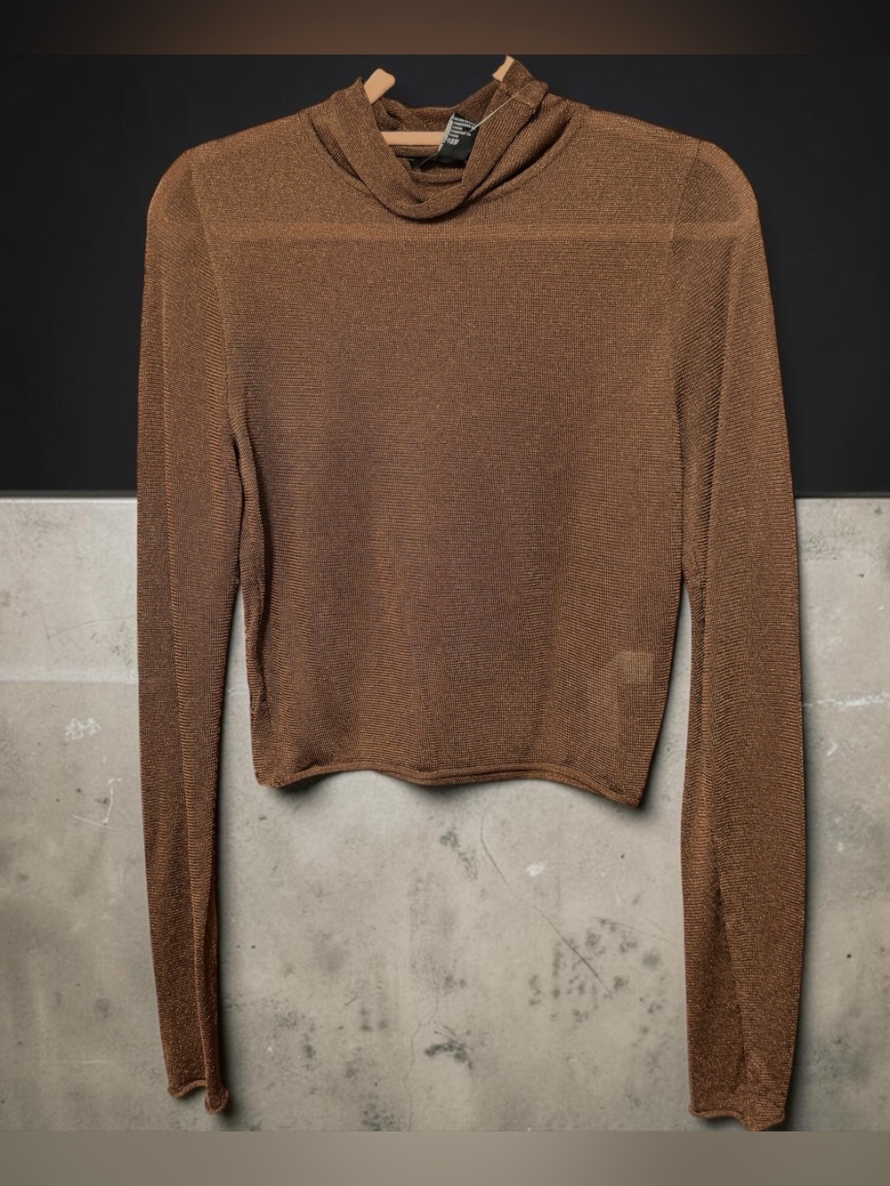 Forever 21 Size Medium crop Top Mesh shirt Metallic Brown Long Sleeves Mockneck